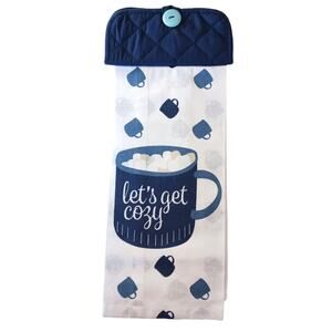 Lets Get Cozy Kitchen Hand Towel Blue White Winter  Christmas Handmade